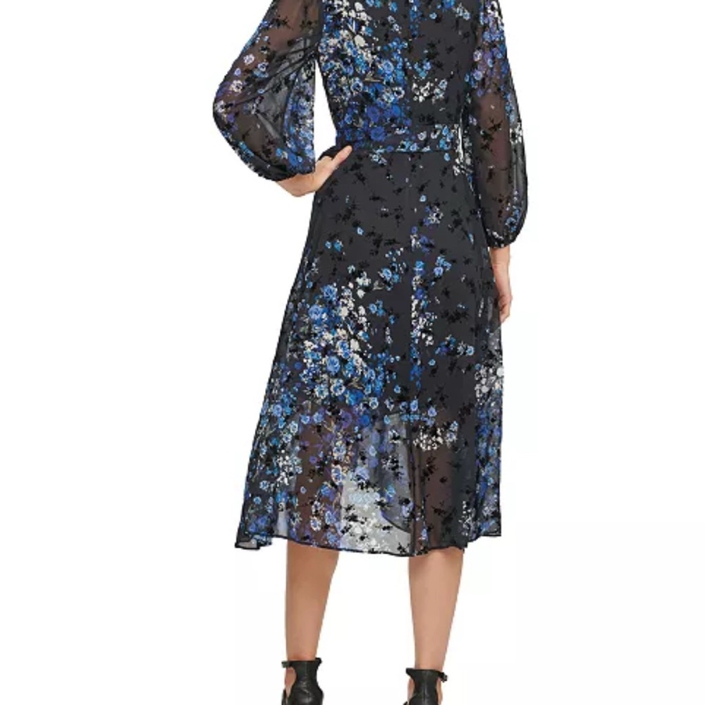DKNY Floral-Print Balloon-Sleeve Faux-Wrap Dress - Picture 3 of 6